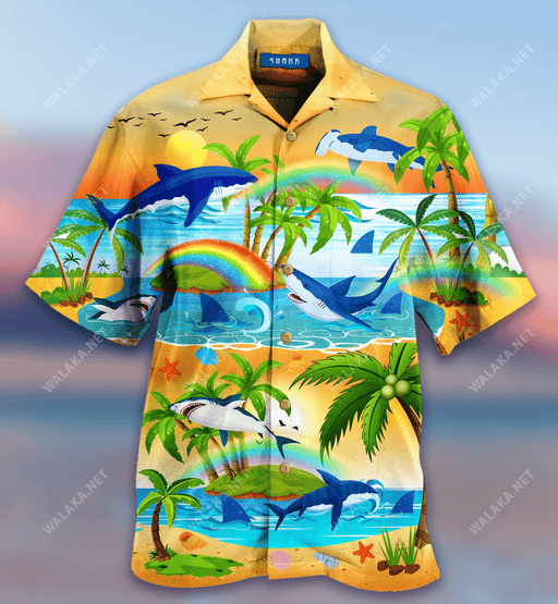 Bright Rainbow And Sharks Hawaiian Shirt