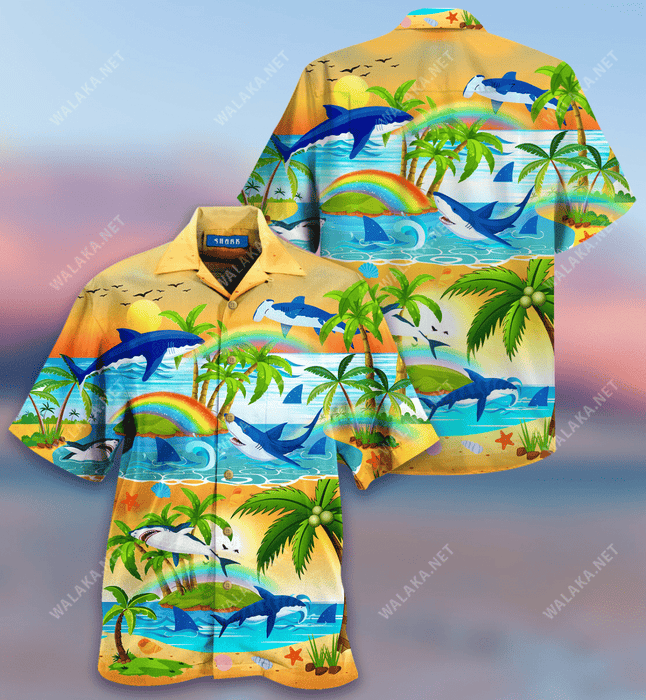 Bright Rainbow And Sharks Hawaiian Shirt