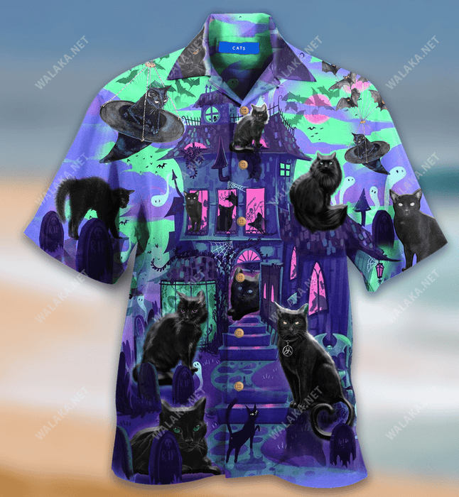 Black Cats In A Haunted House Unisex Hawaiian Shirt
