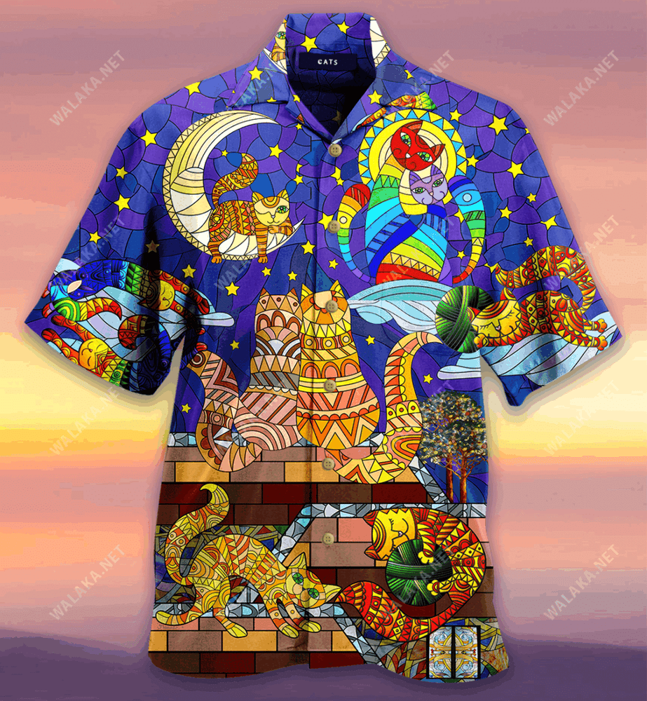 Cat Stained Glass On The Roof Unisex Hawaiian Shirt