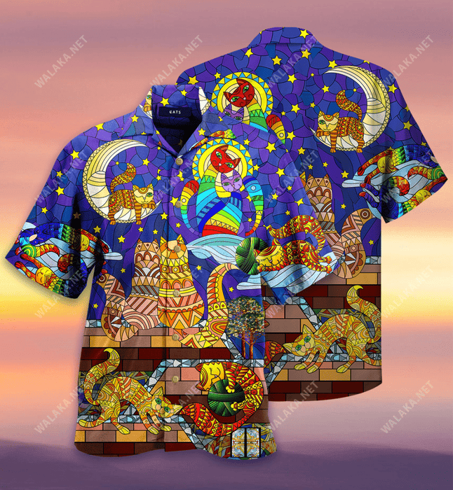Cat Stained Glass On The Roof Unisex Hawaiian Shirt