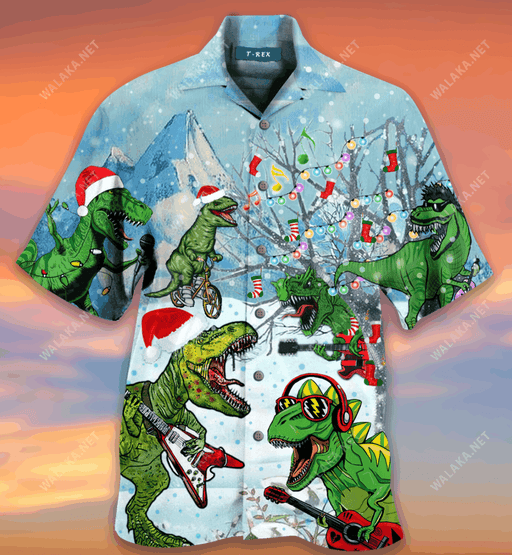 Dinosaurs Play Guitar Party Music In Christmas Holiday Hawaiian Shirt