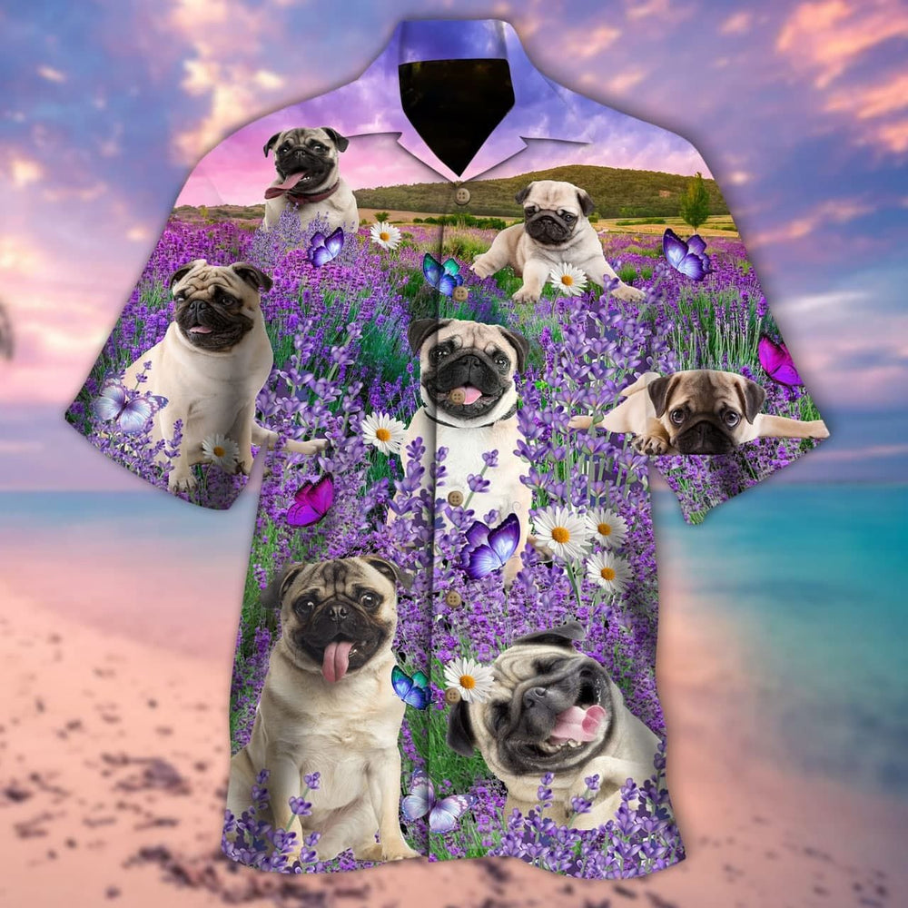 Pug Shirt - Pug Puppies In Lavender Plant Dog Hawaiian Shirt