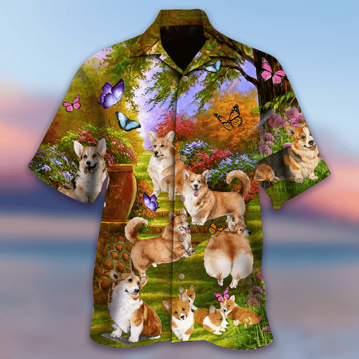 Welsh Corgi Shirt - Welsh Corgi Play In Butterfly Garden Dog Hawaiian Shirt