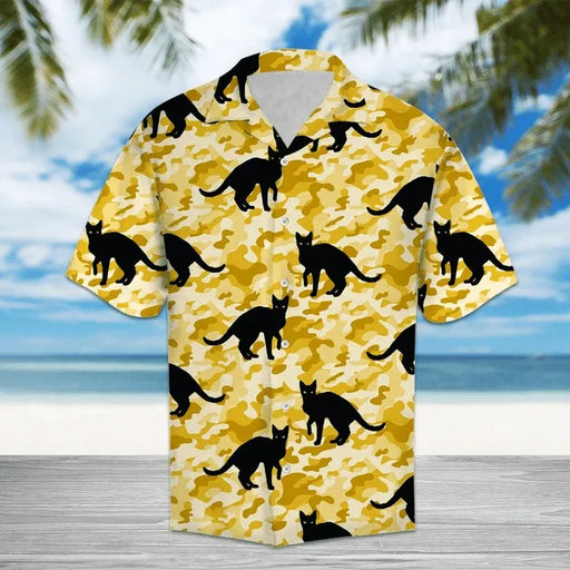 Black Cat Shirt - Aloha Camo Pattern Cat Hawaiian Shirt