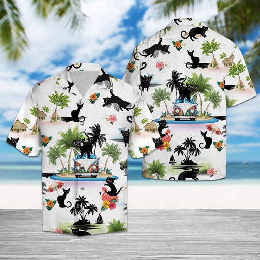 Cat Shirt - Black Cat On Summer Beach Aloha Cat Hawaiian Shirt