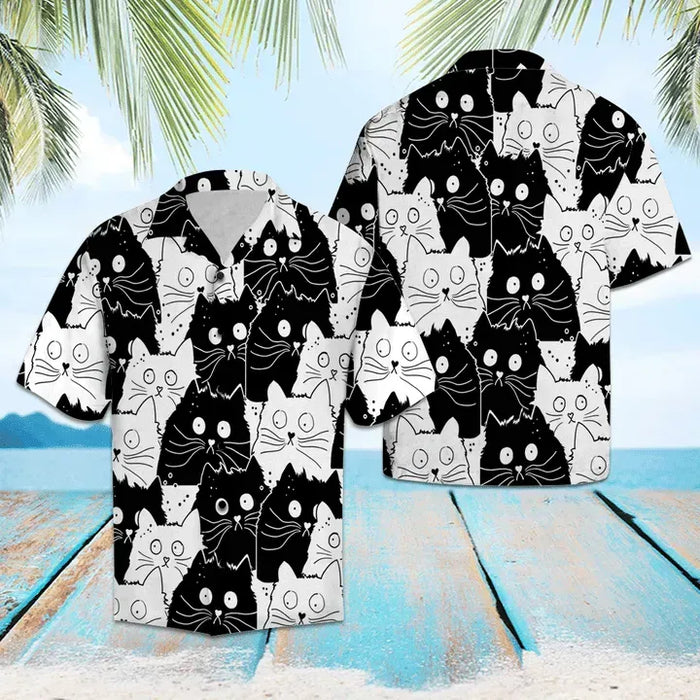 Cat Shirt - Cute Black And White Cat Hawaiian Shirt
