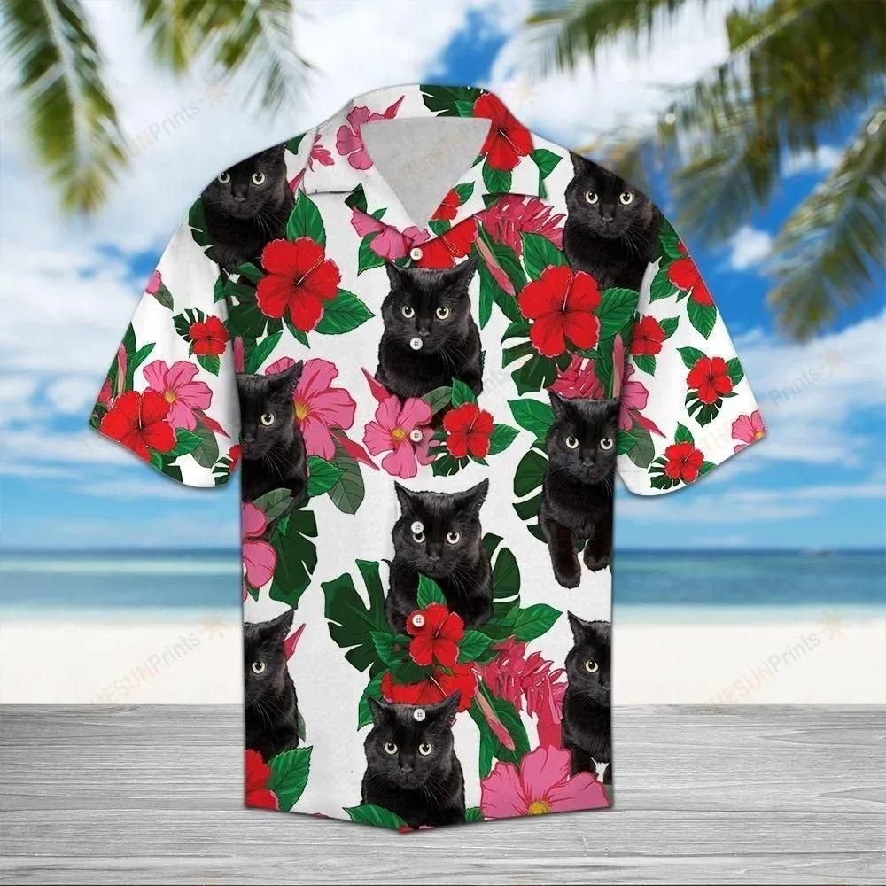 Black Cat Shirt - Black Cat Hibiscus Hawaiian Shirt
