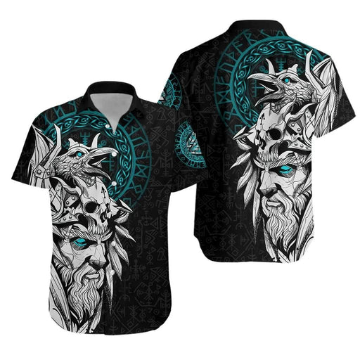 Viking Shirts - Nordic Viking Odin And Raven Turquoise - Viking Hawaiian Shirt