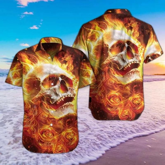 Skull Shirt - Fire Skull Orange Amazing Design Unisex Hawaiian Shirt