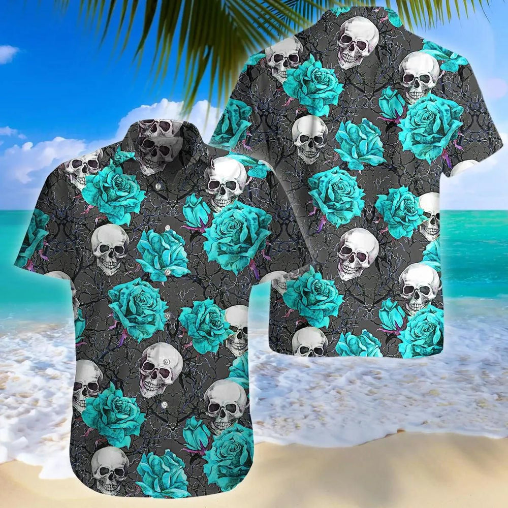 Skull Shirt - Turquoise Rose Skull Green Unique Design Unisex Hawaiian Shirt