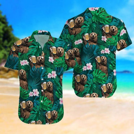 Beer Shirt - Hibiscus Shirts Tropical Bear And Beer Hawaiian Shirt
