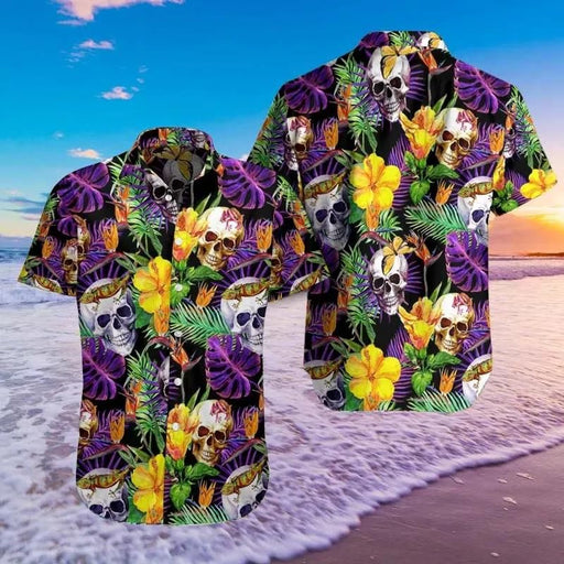 Skull Shirt - Skull Tropical Pattern Purple Best Design Unisex Hawaiian Shirt