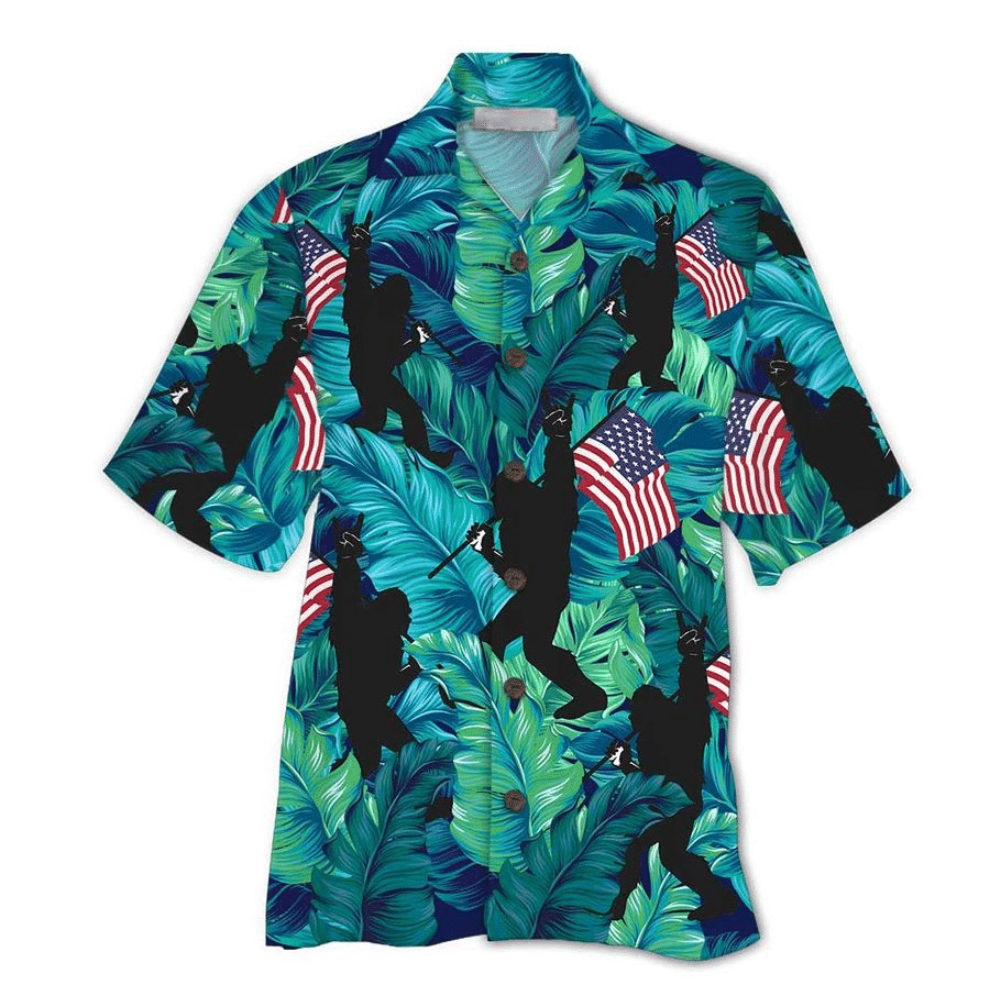 Tropical Leaf Pattern Bigfoot Celebrate 4th Of July - Bigfoot Hawaiian Shirt