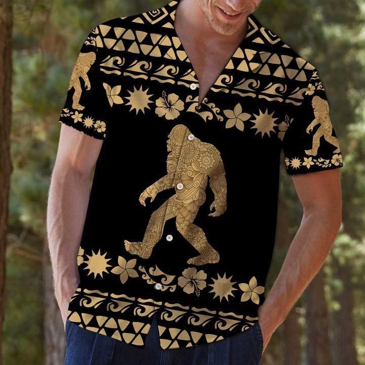 Bigfoot Tribal Pattern Black Brown Unique Design Unisex - Bigfoot Hawaiian Shirt