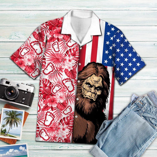 Bigfoot Usa And Tropical Red Blue Unique Design - Bigfoot Hawaiian Shirt