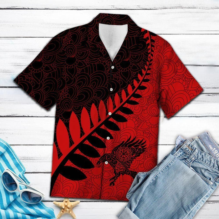 Viking Shirts - Raven Viking Leaf Red And Black Pattern Amazing Design  - Viking Hawaiian Shirt
