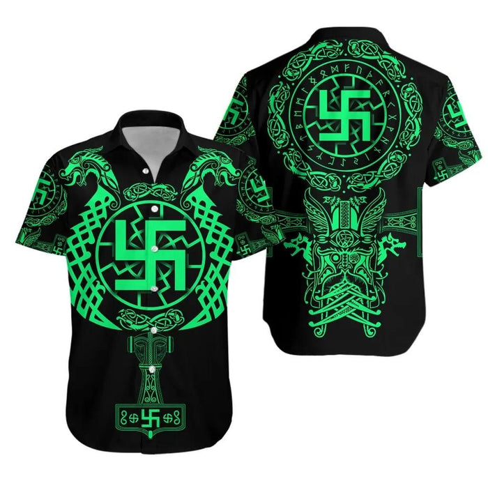 Viking Shirts - Nordic Viking Swastika Green Color - Viking Hawaiian Shirt