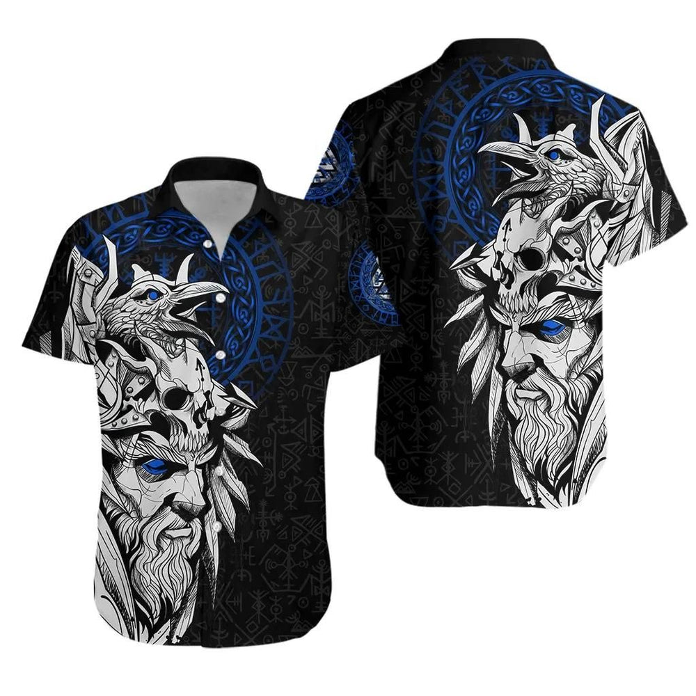Viking Shirts - Nordic Viking Odin And Raven Blue Colorful - Viking Hawaiian Shirt