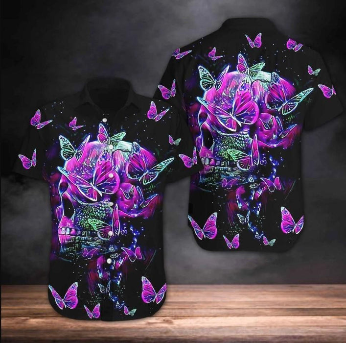 Skull Shirt - Hawaii Butterfly Skull Purple Unique Design Unisex Hawaiian Shirt