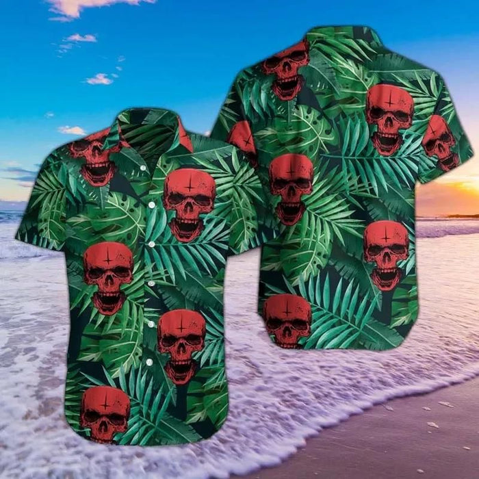 Skull Shirt - Skull Red Cross Green Unique Design Unisex Hawaiian Shirt