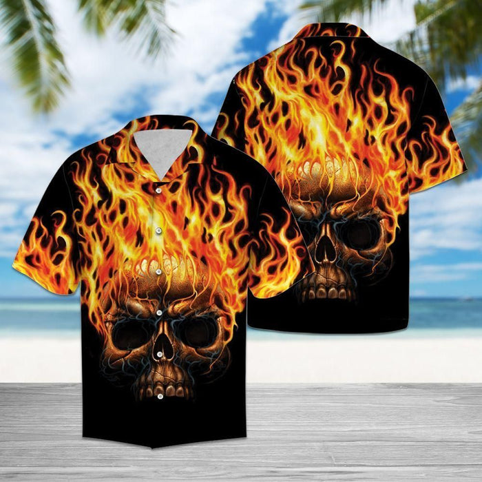 Skull Shirt - Skull Fire Orange Unisex Hawaiian Shirt