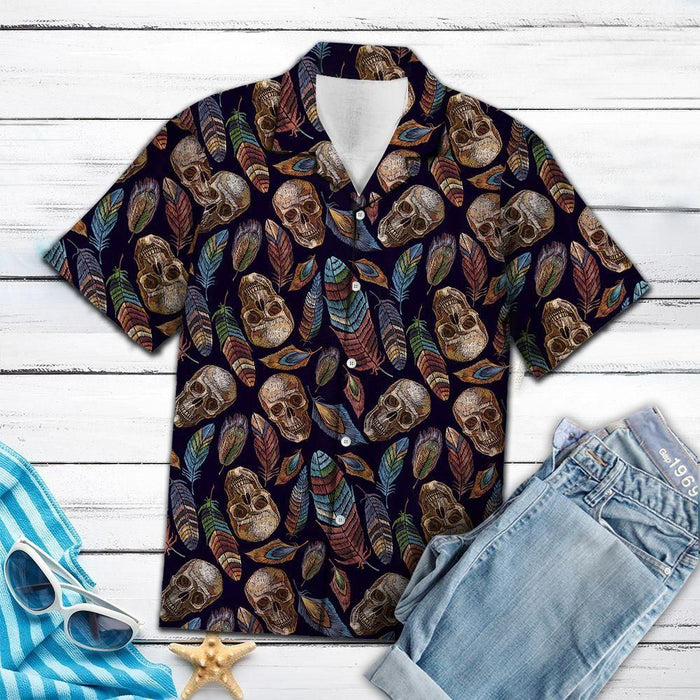 Skull Shirt - Skull Feather Colorful Unique Design Unisex Hawaiian Shirt