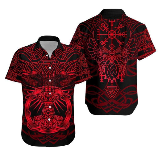 Viking Shirts - Nordic Viking Mjolnir Celtic Raven Version Red - Viking Hawaiian Shirt