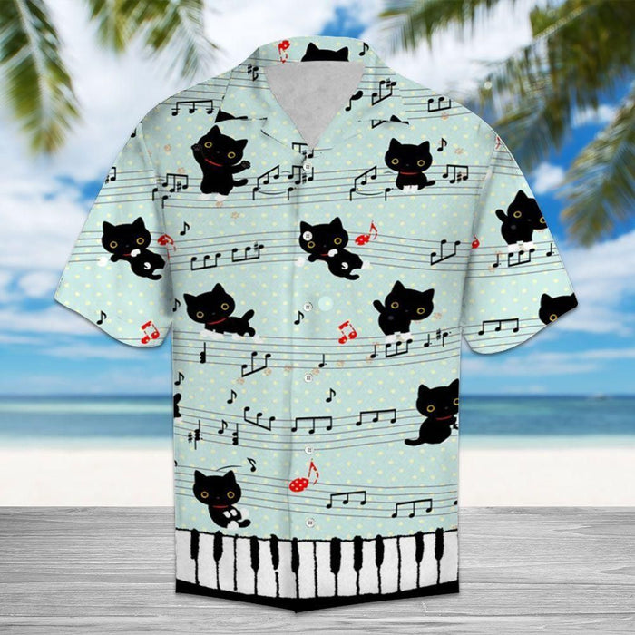 Piano Shirt - Black Cat With Music Turquoise Awesome Design Unisex Hawaiian Shirt