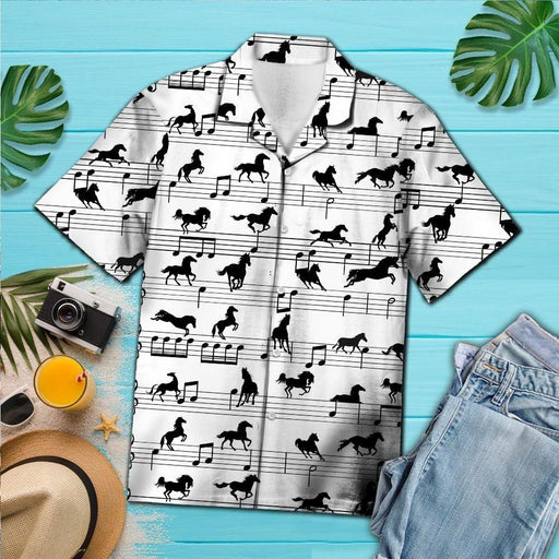 Music Shirt - Horse Music Notes Black And White Awesome Design Music Hawaiian Shirt