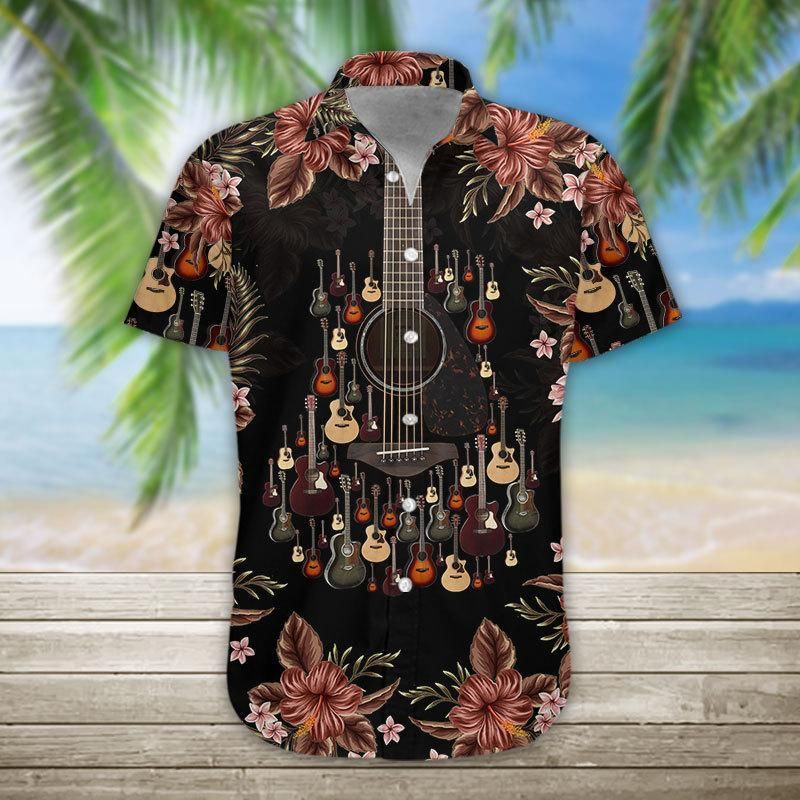 Guitar Shirt - Acoustic Guitar Tropical Pattern Music Hawaiian Shirt