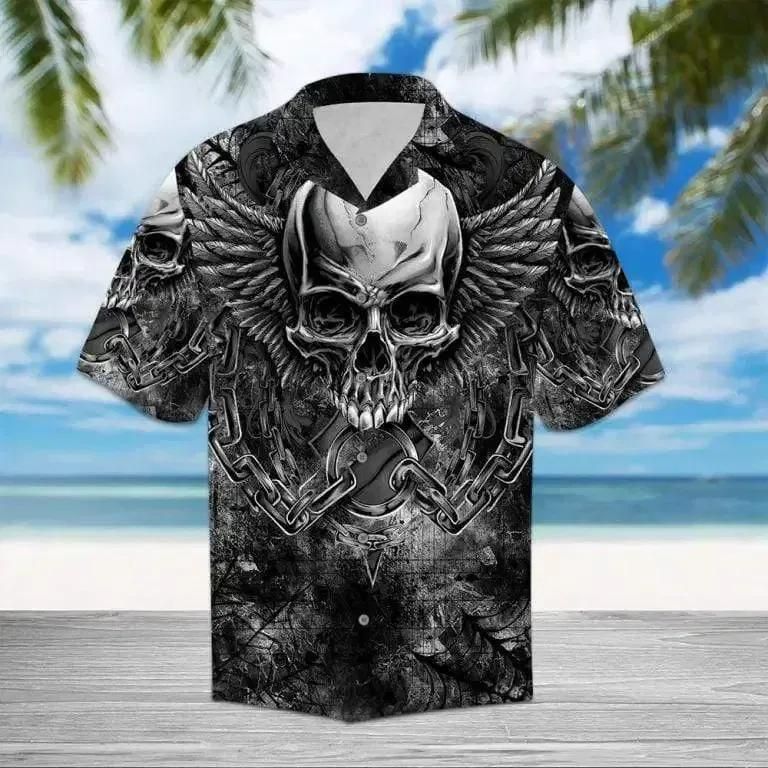 Skull Shirt - Black Skull Wings Grey Black Colorful Amazing Unisex Hawaiian Shirt