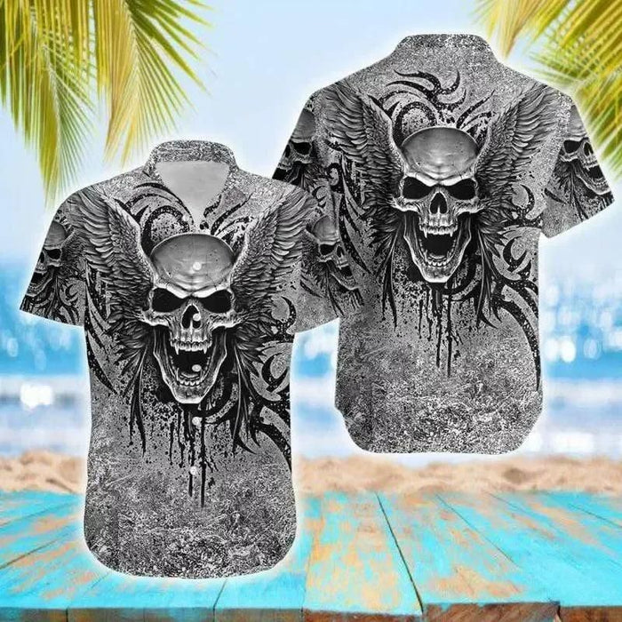 Skull Shirt - Honor Skull Wing Tattoo Gothic Grey Colorful Best Unisex Hawaiian Shirt