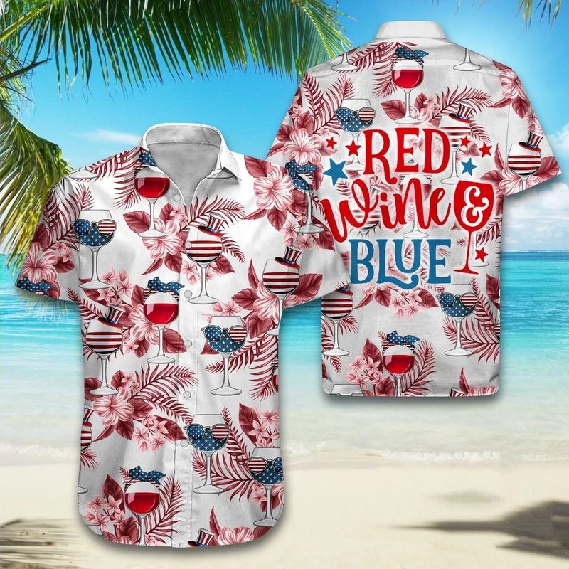 Wine Shirt - Red Wine Blue America Tropical Wine Hawaiian Shirt