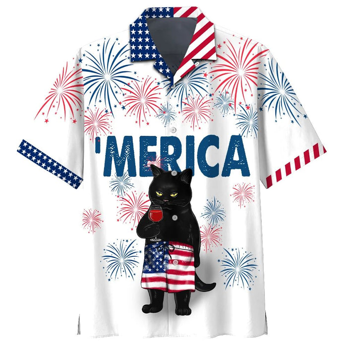 Wine Shirt - Black Cat Drink Wine America Aloha Wine Hawaiian Shirt