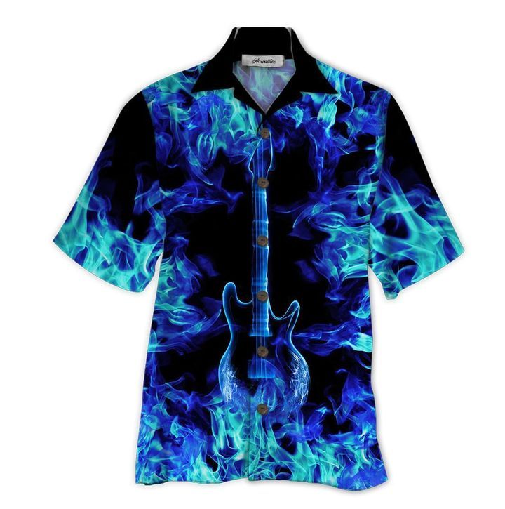 Guitar Shirt - Blue Fire Guitar Music Hawaiian Shirt