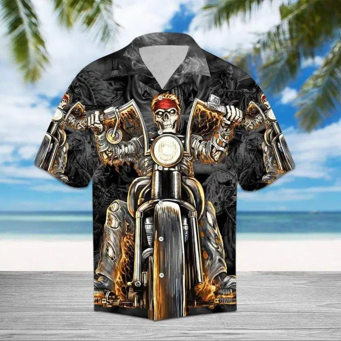 Hawaiian Motorcycle Shirts - Riding With Chopper Motorcycle Fire Skull Hawaiian Shirt