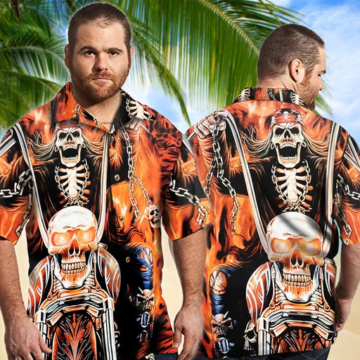 Hawaiian Motorcycle Shirts - Custom Chopper Motorcycle With Fire Skeleton Hawaiian Shirt
