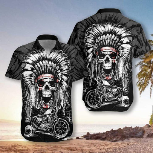 Biker Shirts - Native American Skull Motorcycle Hawaiian Shirt