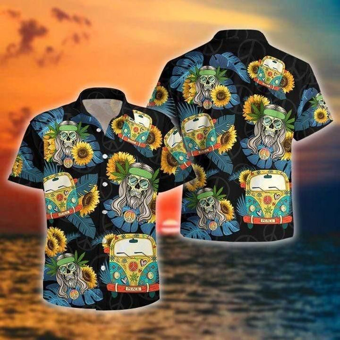 Skull Shirt - Flower Skull Hippie Car Unisex Hawaiian Shirt