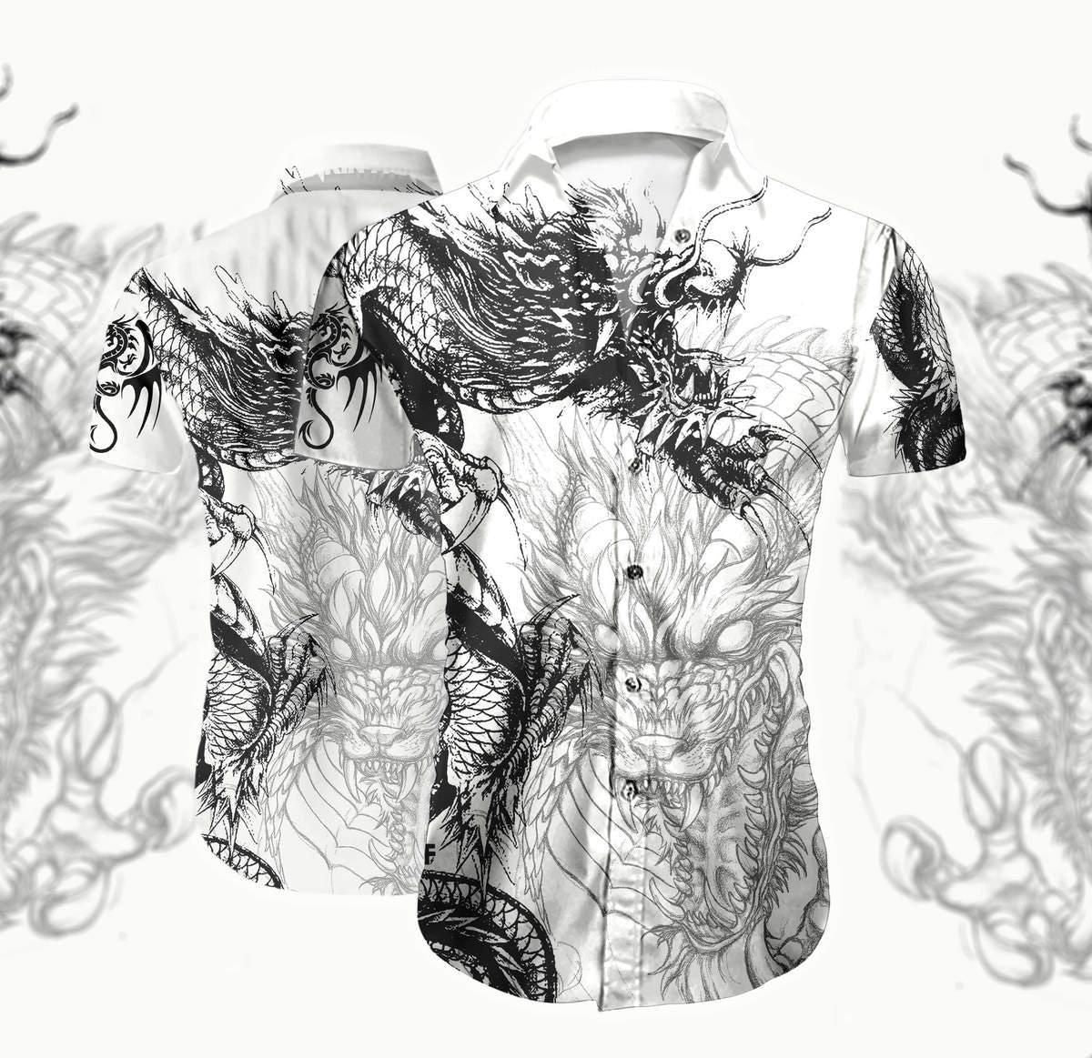 Dragon Shirt - Black Oriental Dragon White Unisex Hawaiian Shirt