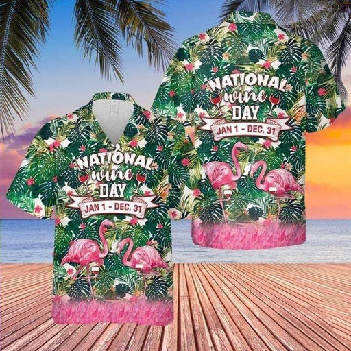 Wine Shirt - Flamingo Happy National Wine Day Tropical Hawaiian Shirt