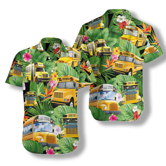 Yellow School Bus Tropical Green Leaf Pattern Colorful Amazing Unisex Hawaiian Shirt