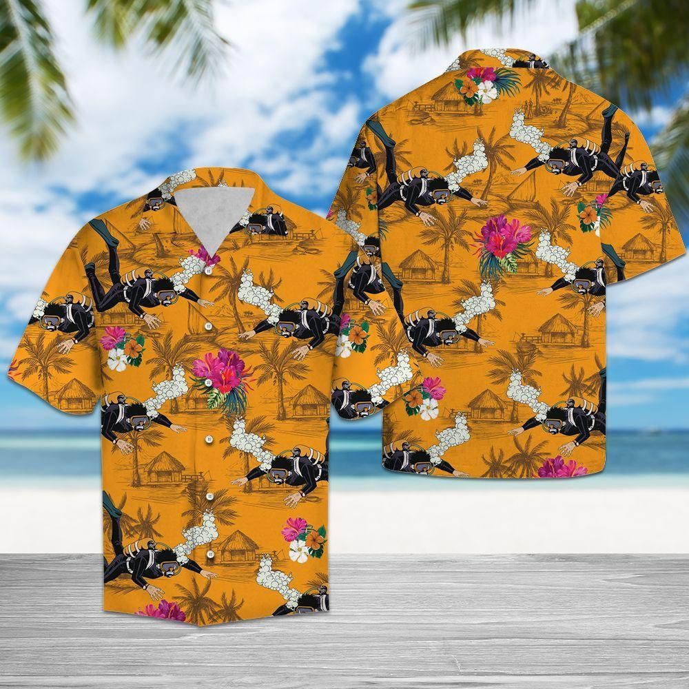 Scuba Diving Tropical Flowers  Unique Design Unisex Hawaiian Shirt