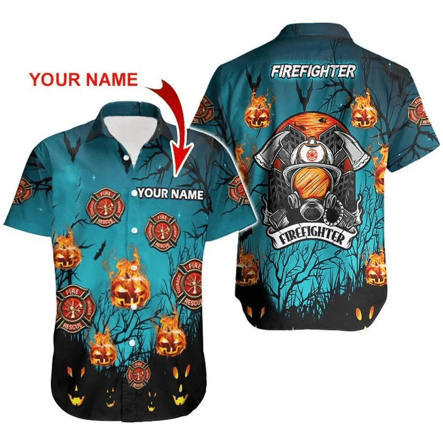 Halloween Gift Ideas, Personalized Custom Hawaiian Aloha Shirts Firefighter Halloween With Name