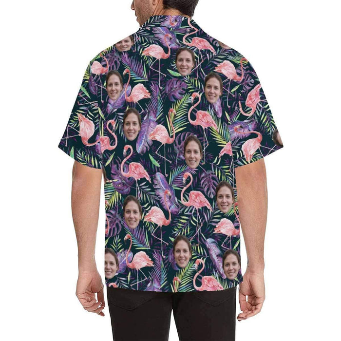 Custom Face Flamingo Purple Leaf Men's All Over Print Hawaiian Shirt