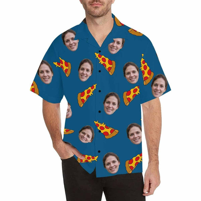 Custom Face Pizza Blue Men's All Over Print Hawaiian Shirt