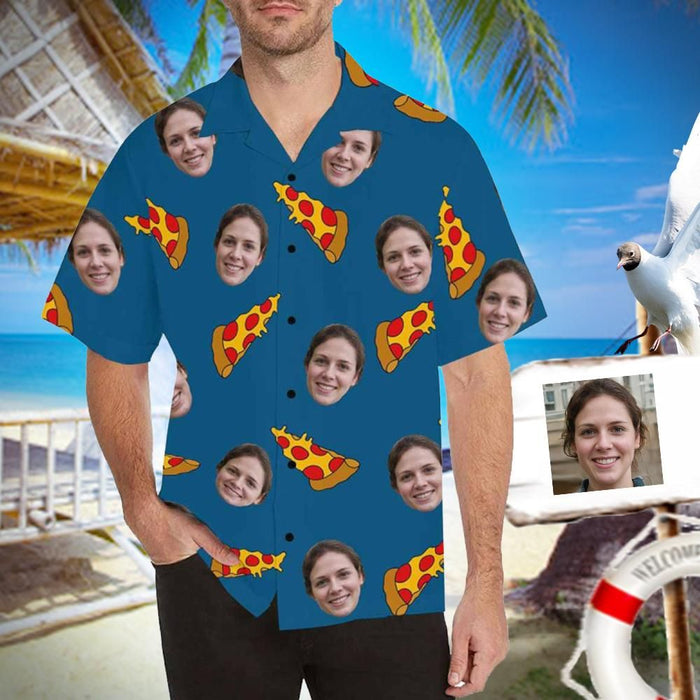 Custom Face Pizza Blue Men's All Over Print Hawaiian Shirt