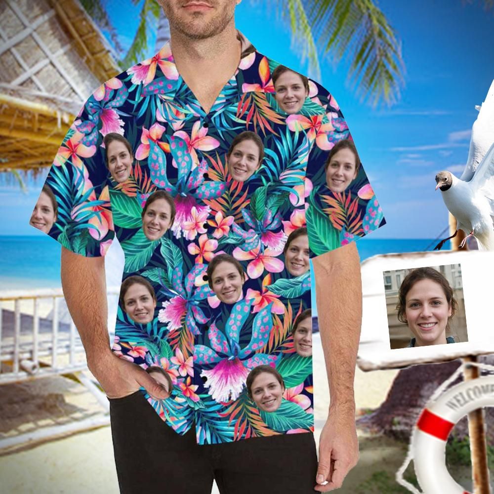 Best Gift for Him- Custom Face Colorful Flowers Men's All Over Print Hawaiian Shirt