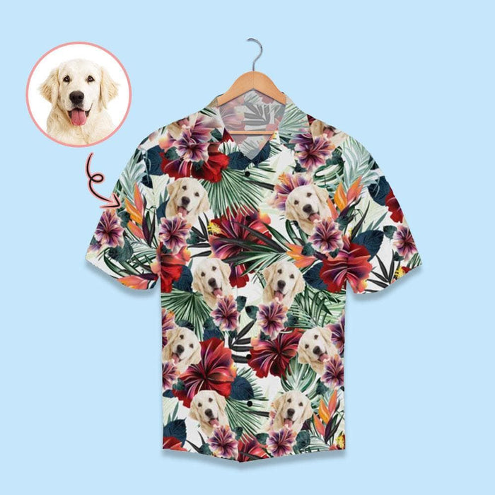 Custom Dog Face Tropical Red Leaves Men's All Over Print Hawaiian Shirt